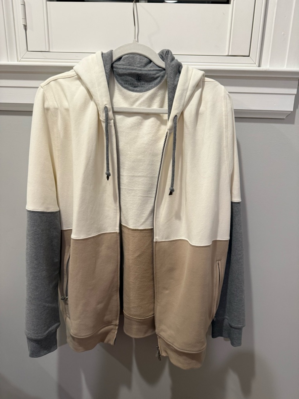 Brunello Cucinelli Neutral Colorblock Zip-Up Hoodie XL